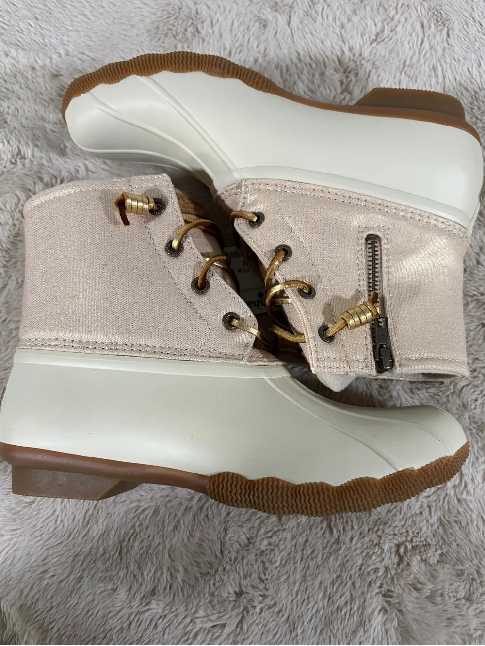 Sperry Cream Canvas Duck Boots with Tan Laces